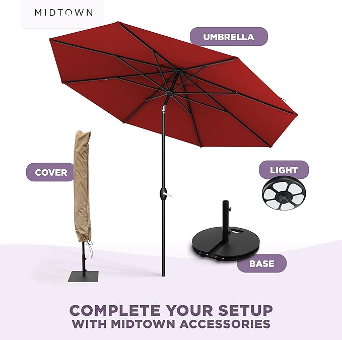 Midtown Umbrellas - The Lean 10 Ft Patio Umbrella with Fade-Resistant Sunbrella Fabric, Auto-Tilt Aluminum Frame and 8 Reinforced Ribs for Deck, Pool & Garden - Red Canopy, Black Pole