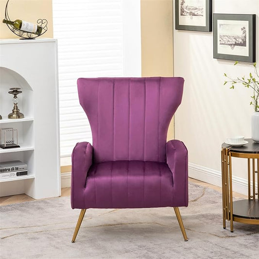 Modern Velvet Accent Chair, Channel Tufted Bedroom, Office or Living Room Furniture with Elegant Metal Legs, 26" Wide Armchair, Purple
