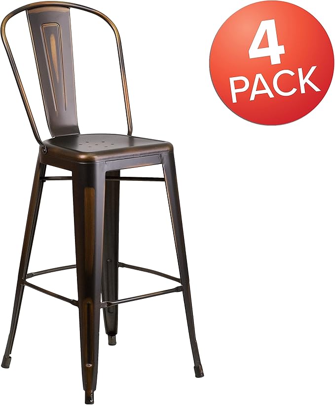 Flash Furniture Blake Commercial Grade 4 Pack 30" High Distressed Copper Metal Indoor-Outdoor Barstool with Back