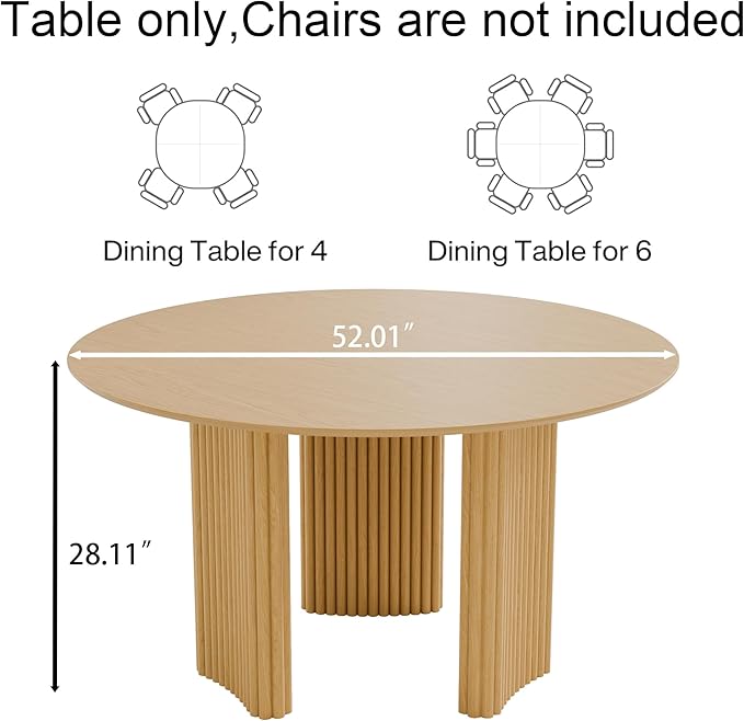 Casaphoria 52" Round Dining Table for 4-6, Farmhouse Style Table with Stripes Base, Easy Assembly for Living Room, Kitchen, Bar, Oak