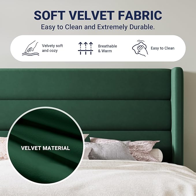 Allewie Full Size Platform Bed Frame with Velvet Upholstered Wingback Headboard, No Box Spring Needed, Under Bed Storage Space, Strong Wooden Slats, Modern Mattress Foundation, Easy Assembly, Green