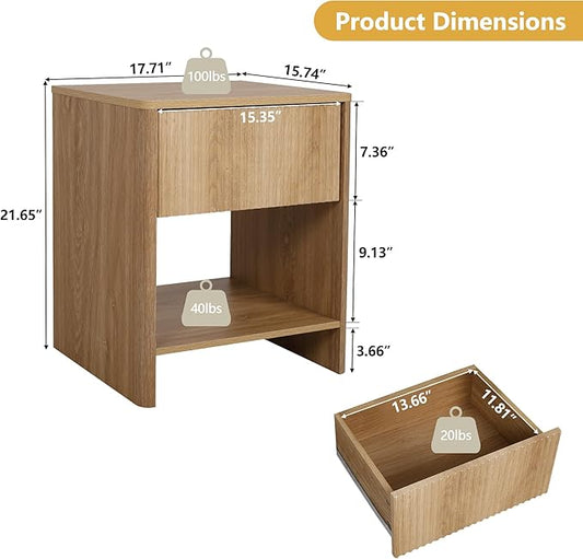Fluted 1 Drawer Small Dresser for Bedroom, Mid Century Modern Nightstand with Drawers, Low Bedside Table with Drawers, End Table Short Storage, Living Room, Dorm -Natural