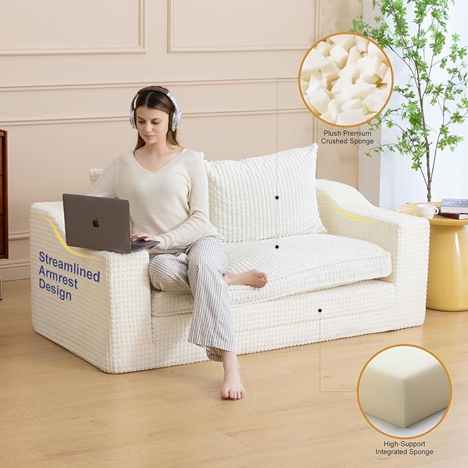61" Convertible Sofa Bed Loveseat, Memory Foam Boneless Floor Couch with Removable Corduroy Cover, Tri-folding Compact Full-size Sleeper for Small Living Room, Playroom, Guest Room, RV (White) | Convertible Sofa Bed, Premium Memory Foam, Ergonomic Desi...