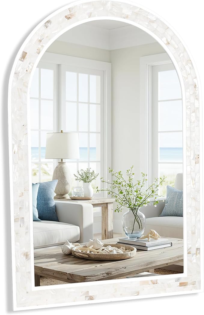 Tanmicoshomy White Arched Wall Mirror 24x36 Inches, Mosaic Bathroom Mirror with Shell Frame for Bathroom Living Room Bedroom or Entryway