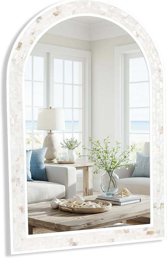 Tanmicoshomy White Arched Wall Mirror 24x36 Inches, Mosaic Bathroom Mirror with Shell Frame for Bathroom Living Room Bedroom or Entryway