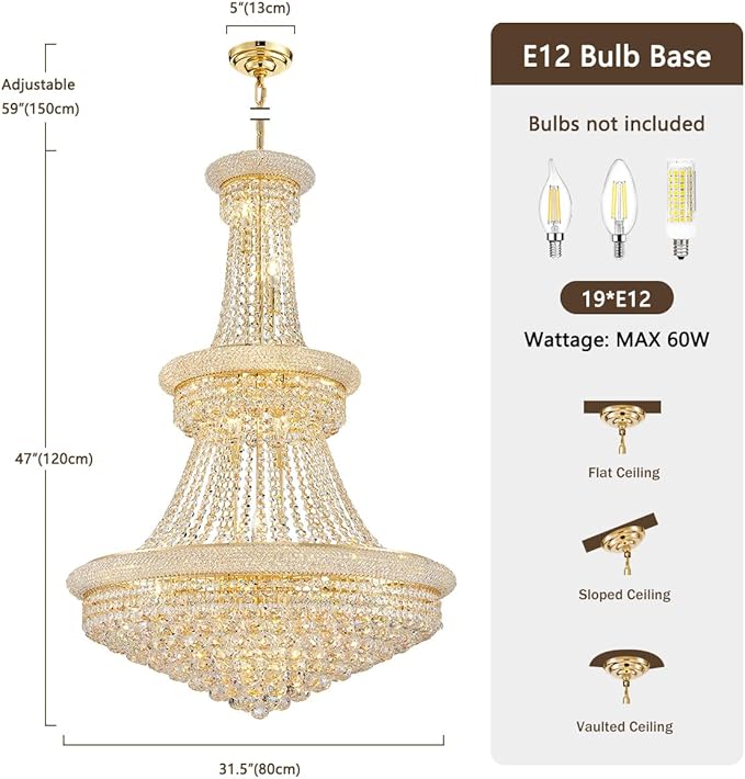 19-Lights High Ceiling Chandelier Modern Gold Crystal Chandeliers Large Foyer Chandelier Fixtures for Staircase Living Room Hallway Entryway (H47 x W31.5)