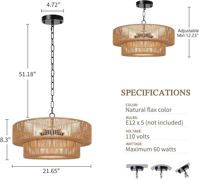 LamQee 22 Inch Farmhouse Rattan Chandeliers, 5 Lights Boho Chandelier Light Fixture with Hand Woven Wicker Shade, Large Rattan Pendant Lights Ceiling Hanging Lighting for Dining Room Kitchen Island