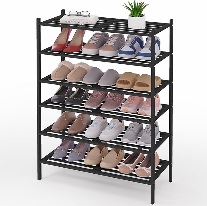 Smiry Bamboo Shoe Rack 6-Tier, Stackable Wooden Shoe Organizer for Entryway & Closet, Free Standing Wood Shoe Storage Shelf for Front Door & Small Spaces, Black