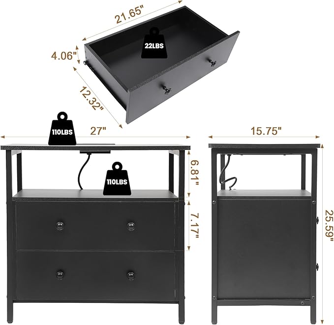 27 inch Wide Night Stand with Charging Station, Bedside Table with Open Shelf, 2 Drawers Small Wood Dresser, Modern Wood Nightstand for Bedroom/Living Room (Black)