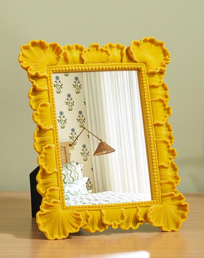 Leaf-Themed Framed Decorative Mirror for Makeup Dresser Table Gallery Wall Art, 9.8x7.7 Funky Wall Mirrors for Fall Autumn Winter Thanksgiving Christmas Holiday Accent (Yellow-Orange)