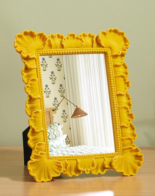 Leaf-Themed Framed Decorative Mirror for Makeup Dresser Table Gallery Wall Art, 9.8x7.7 Funky Wall Mirrors for Fall Autumn Winter Thanksgiving Christmas Holiday Accent (Yellow-Orange)