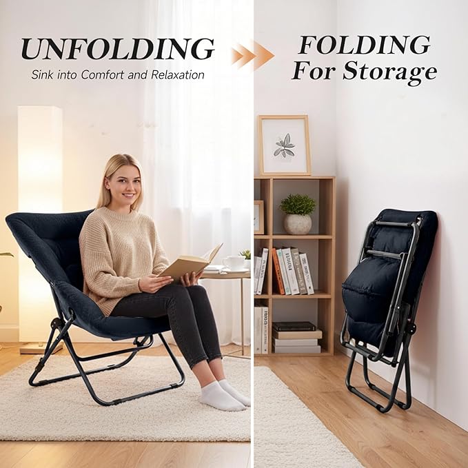 Saucer Chair, Comfy Doorm Chairs, Oversized Folding Faux Fur Chair, Foldable Metal Frame Chair, for Bedroom, Living Room, Balcony, Study, Playroom (Navy Blue)