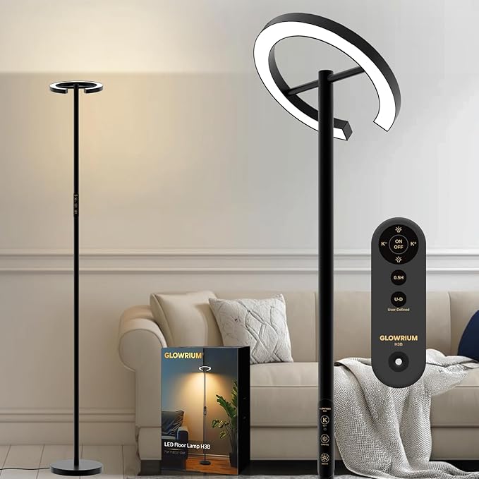 24W LED Floor Lamp with Remote, 70.8" Tall Standing Reading Lamp, Stepless Adjustable Brightness & Color Temps, 350°Rotatable Ring Light, Dimmable, Modern Corner Lamp for Living Room Bedroom Office
