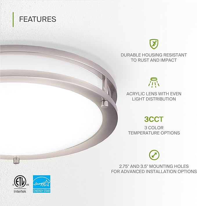 ASD LED 14" Round Flush Mount Lighting, Close to Ceiling Light Fixture | 3CCT, Dimmable, Energy Star, ETL Listed | 21W 1675LM 3000-5000K 120V | Low Profile Double Ring Lamp | Nickel, 4 Pack
