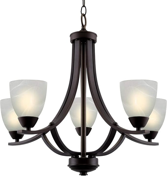 Kira Home Weston 24" Contemporary 5-Light Large Chandelier + Alabaster Glass Shades, Adjustable Chain, Oil Rubbed Bronze Finish