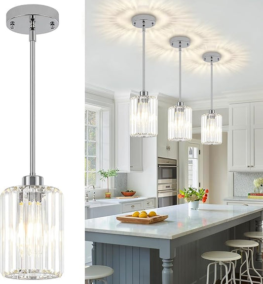 Chrome Pendant Lights,3 Pack Crystal Pendant Lighting for Kitchen Island, Modern Mini Kitchen Chandeliers Hanging Pendant Lights for Bedroom Dining Room Hallway
