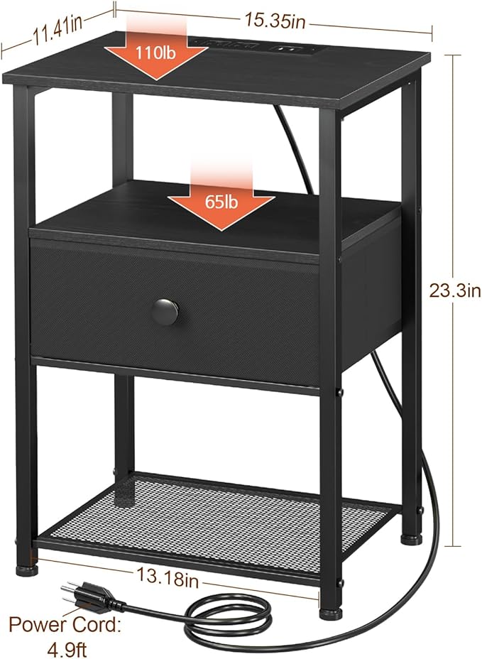 Night Stand Set 2, Nightstand with Charging Station, End Tables Living Room with Fabric Drawer for Small Spaces, Bed Side Tables with Storage Shelf for Bedroom, Black, HETS010BK