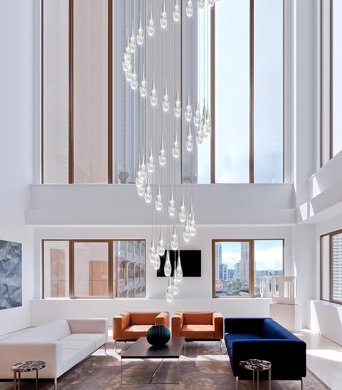 46-Lights 19 Feet Large Modern Chandelier LED Light Fixtures High Ceiling Long Light Chandelier for Entrance Foyer Dimmable Lights with Remote Living Room Ceiling Pendant Lighting Shine Silver