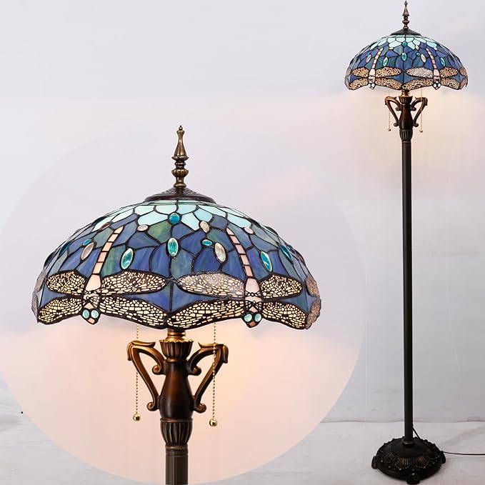 Tiffany Floor Lamp Blue Dragonfly Stained Glass Standing Reading Light 16X16X64 Inches Antique Pole Corner Lamp Decor Bedroom Living Room