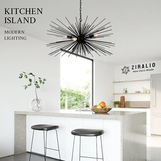 31“ Black Sputnik Chandelier Vintage 4-Lights Geometric Starburst Chandelier Light Fixture Modern Solid Metal Sputnik Chandeliers for Dining Room, Kitchen Island, Bedroom, Living Room, E12