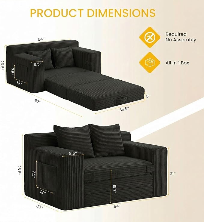Boneless Couch,Boneless Loveseat Sleeper Sofa Bed – 3-in-1 Convertible Couch Bed with Side Pockets & Handle,Pull Out Corduroy Futon for Small Space,Living Room & Bedroom,2 Pillows Included,No Assembly