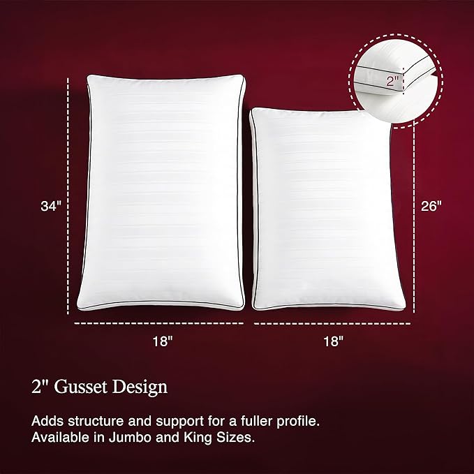 Blue Ridge Home Fashions Luxury Hotel Collection Bed Pillows King Size Set of 2, Soft Medium 500 Thread Count Damask Stripe Embroidered 100% Cotton Cover, Gusseted Down Alternative
