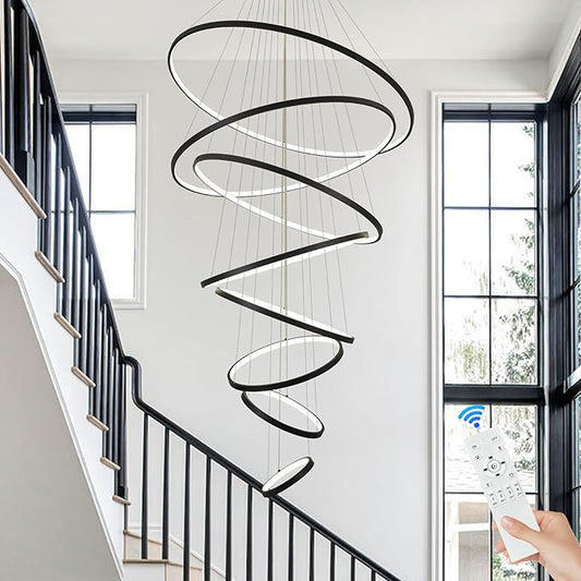 Modern Big LED Chandeliers 8-Ring Big LED Chandelier for High Ceiling with Remote Control Hanging Height Adjustable Max 98" Long Chandelier for Foyer Living Room Entry Staircase 135W