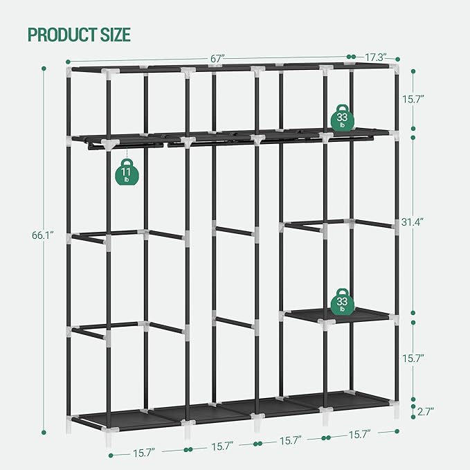 67 Inch Closet Wardrobe, Clothes Storage Organizer for Hanging Clothes with Cover, 4 Hanging rods, 9 Storage Shelves, Portable Closet for Bedroom 67 x 16.5 x 66 Inches, Starry Sky Black