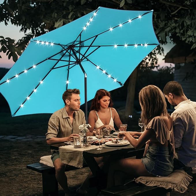 DUMOS 10 FT Outdoor Patio Umbrella with 32 LED Lights UV-Resistant Market Umbrella with Tilt Adjustment & Crank Lift, All-Weather Shade for Backyard, Deck, Garden, Beach - Classic Blue