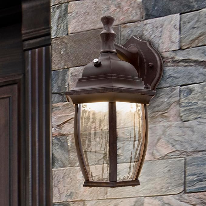 Maxxima LED Outdoor Wall Light - Features Clear Water Glass, 3000K Warm White, 580 Lumens, Dusk to Dawn Photocell Light Sensor, Patio or Porch Sconce Fixture, Ideal for Exterior Decor Lighting - Brown