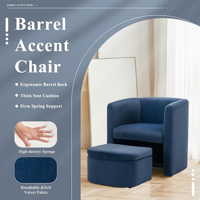 COLAMY Morden Velvet Living Room Side Chair with Storage Ottoman Set of 2, Single Sofa Armchair with Lounge Seat, Upholstered Barrel Accent Chair for Bedroom/Office/Reading Spaces, Blue