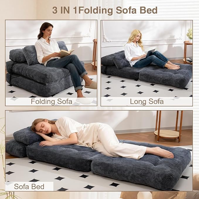 Folding Sofa Bed, Folding Chair Bed with Pillow, Convertible Lazy Sofa Bed with High-Density Support Foam, Fold Out Chair for Small Spaces Living Room Bedroom, Dark Grey