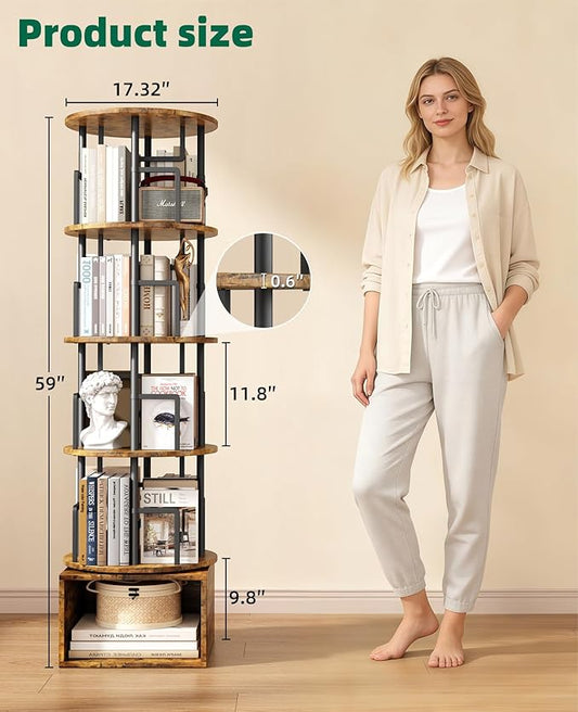 5 Tier Rotating Bookshelf with Extra Storage Cabinet, 360°Spinning Corner Bookshelf, Floor Standing Bookcase for Kids & Adult, Narrow Book Shelf for Bedroom Living Room, Vintage Brown
