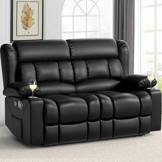 FURNIMAT New Loveseat Recliner Sofa, 2 Seater Reclining Loveseat Sofa, PU Leather Dual Recliner Chair, Modern Loveseat Couch for Living Room, with Cup Holder and USB Ports, Black