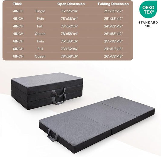 Vamcheer Tri Folding Mattress Full Size - 6 Inch Foldable Mattress for Travel/RV/Camping/Guest Room/Yoga, 73"x52"x6" Tri-fold Memory Foam Cushion with Washable Cover