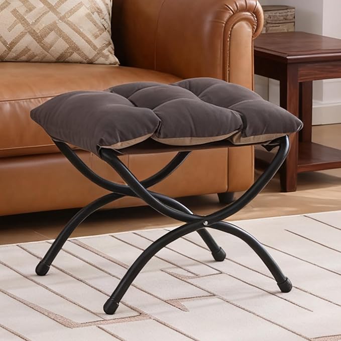 Welnow Folding Foot Stool, Upholstered Small Accent Ottoman with Detachable Thick Cotton Cushion Padded Sofa Stool and Metal Frame for Lazy Chair, Living Room, Bedroom, Dark Grey