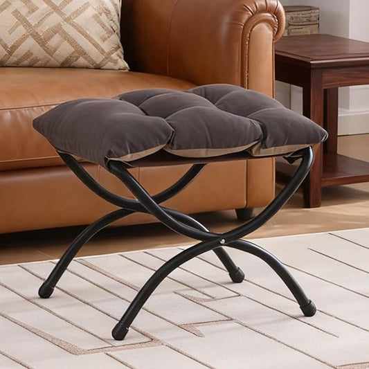 Welnow Folding Foot Stool, Upholstered Small Accent Ottoman with Detachable Thick Cotton Cushion Padded Sofa Stool and Metal Frame for Lazy Chair, Living Room, Bedroom, Dark Grey