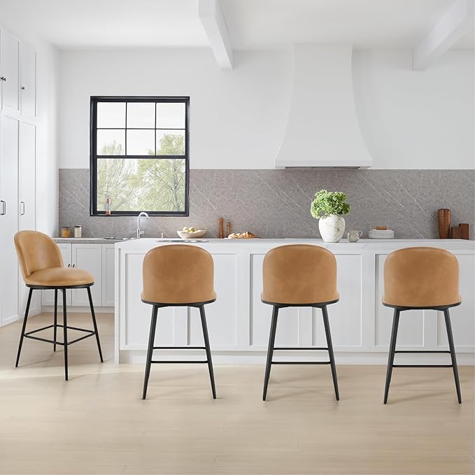 Swivel Bar Stools Set of 3, 26" H Upholstered Faux Leather Barstools with Backs,Counter Height Stools with Metal Legs for Kitchen Island,Brown,1 Box