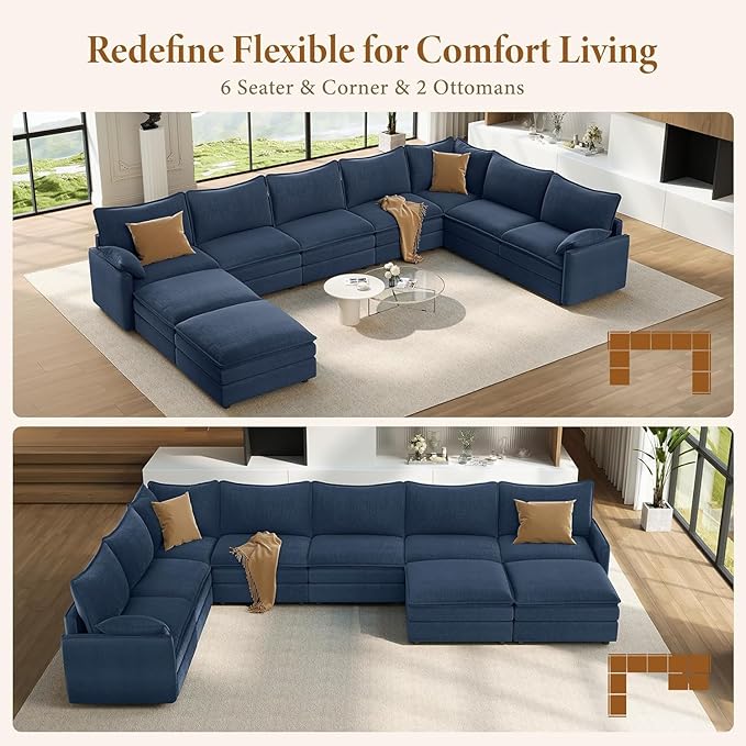 Vesgantti Large Modular Sectional Sofa, Big Comfy Cloud Couch with Ottoman Deep Seat Chenille Cloud Sofa, 9 Seater Large Sectional Couches for Living Room, Bedroom and Apartment, Blue | Sink-in Comfort, Solid Wood Frame, Extra-deep Ottoman, Easy Rearra...