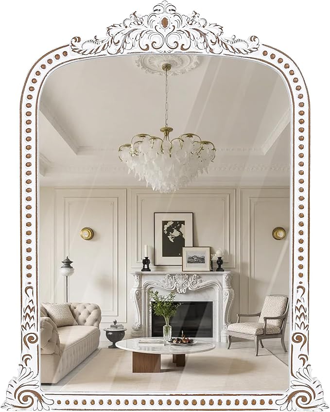 34x42 Inch Baroque Beaded Arched Wooden Wall Mirror, Ornate Rustic Farmhouse Decorative Mirror for Entryway, Fireplace Mantel, Living Room, Bathroom