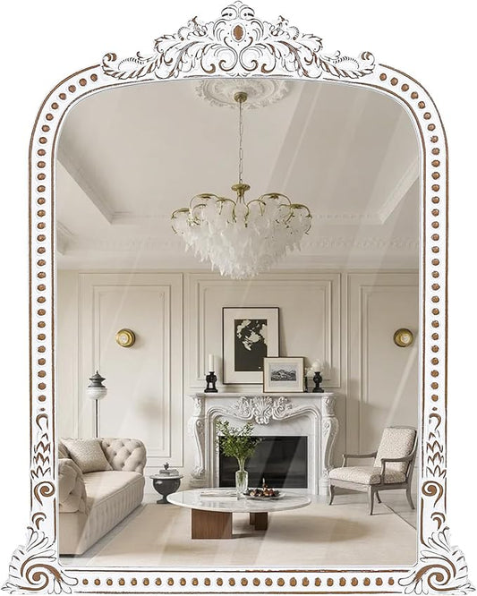 34x42 Inch Baroque Beaded Arched Wooden Wall Mirror, Ornate Rustic Farmhouse Decorative Mirror for Entryway, Fireplace Mantel, Living Room, Bathroom