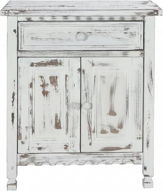 Alaterre Furniture Country Cottage Accent Cabinet with Drawer, Adjustable Shelf & 2 Doors – Modern Farmhouse Sideboard Buffet Storage Cabinet for Living Room, Dining Room or Entryway (White Antique)