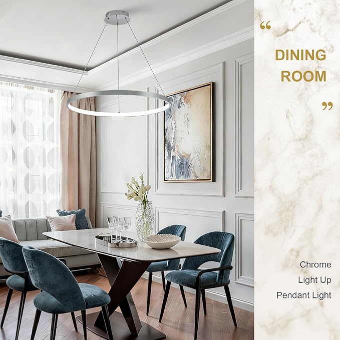 Chrome LED Ring Chandelier 24" Remote Control Dimmable Flush Mount Pendant Chandelier for Dinning Room Office Kitchen Living Room,3000-6500K