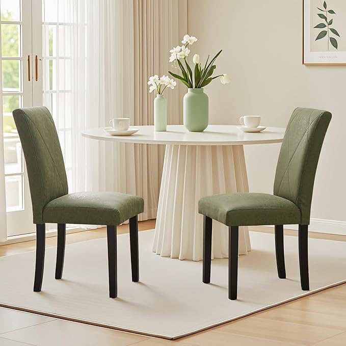 VECELO Upholstered Dining Chairs Set of 2, Modern PU Leather and Solid Wood Legs & High Back for Kitchen/Living Room- Green