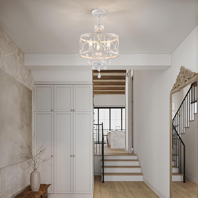 Small Crystal Chandelier, Modern Crystal Chandelier for Dining Room, Rustic Farmhouse White Round Ceiling Pendant Light Fixture for Living Room, Entryway, Hallway, Bedroom, Bathroom