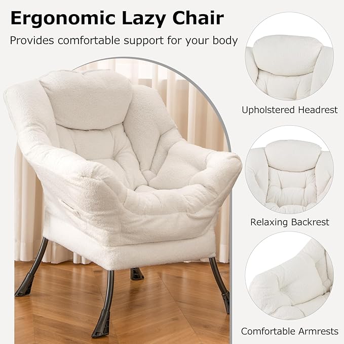Giantex Set of 2 Lazy Chairs, Modern Sherpa Accent Chair w/Upholstered Single Sofa Chair w/Armrests & Side Pocket, Leisure Reading Lounge Chair for Living Room, Bedroom, Office, Dorm (White)