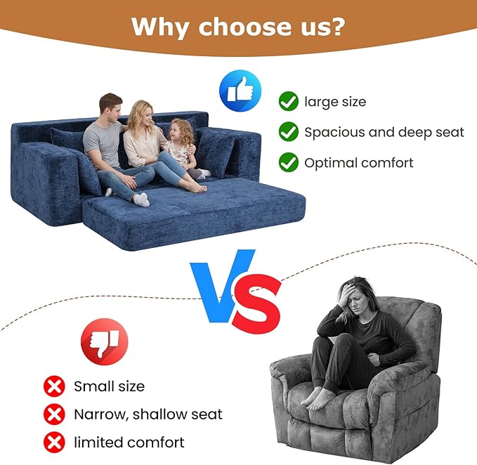 Convertible Sofa Bed, 5 in 1 Small Boneless Couch Pull Out Loveseat Sleeper Sofa,Corduroy Futon Couch Folding Mattress with 4 Pillows for Living Room Bedroom Lounge (Blue, 3 Seater)