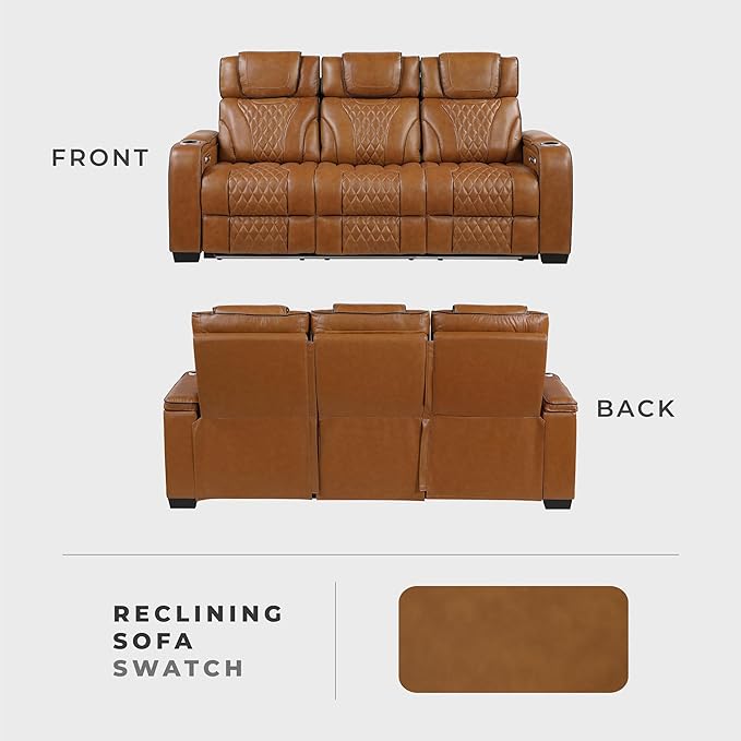 Lexicon Power Double Reclining Sofa, Center Drop-Down Table with Heat/Massage/Headrest/Storage Arms/Cup Holders/LED Lights/Wireless Charging, Top Grain Leather Match Wall Hugger Recliner Sofa, Brown