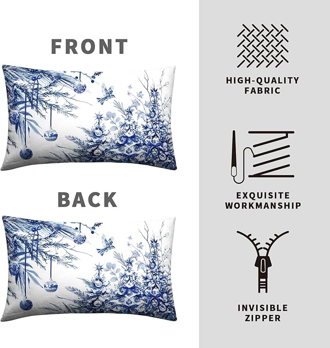 Blue Christmas Lumbar Pillow Covers 12x20 Set of 2 Christmas Xmas Tree Bird Ball Decorative Outdoor Throw Pillow Cases Winter Farmhouse Rectangle Pillowcase for Home Couch Sofa