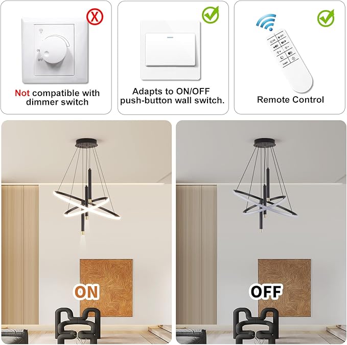 LED Black Modern Chandeliers for Dining Room Bedrooms Living Room, Dimmable 24in 5250lm Kitchen Pendant Lamp Dining Room Light Fixtures Ceiling Hanging Over Table, 2 Ring Round Chandeliers